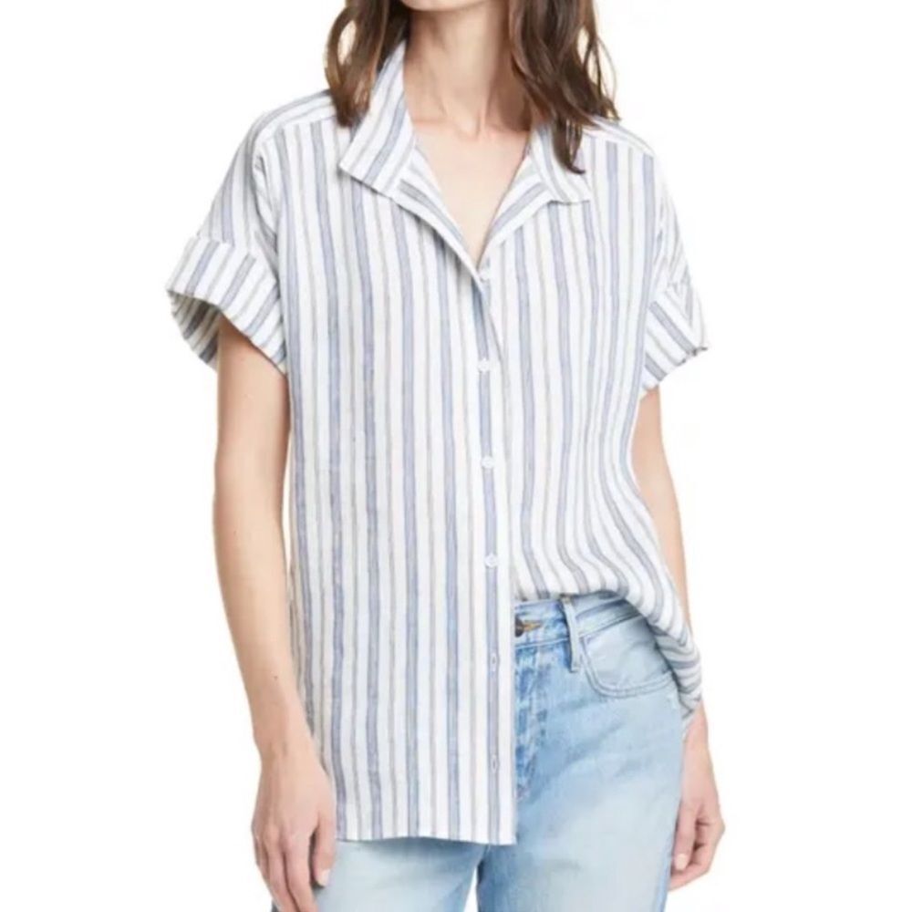 Frame Stripe Clean Collar Linen Blend Shirt In Off White Multi